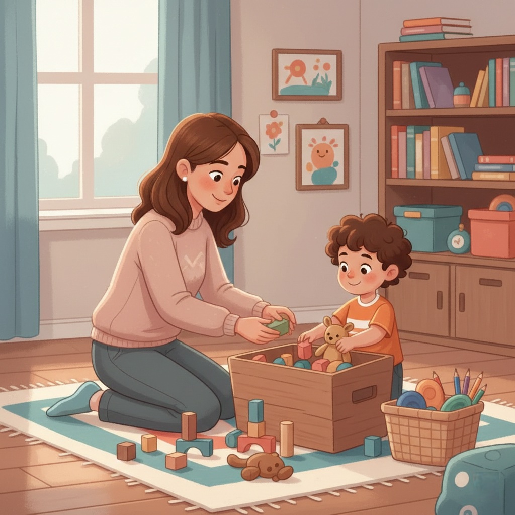 Parent and child calmly tidying toys together after playtime